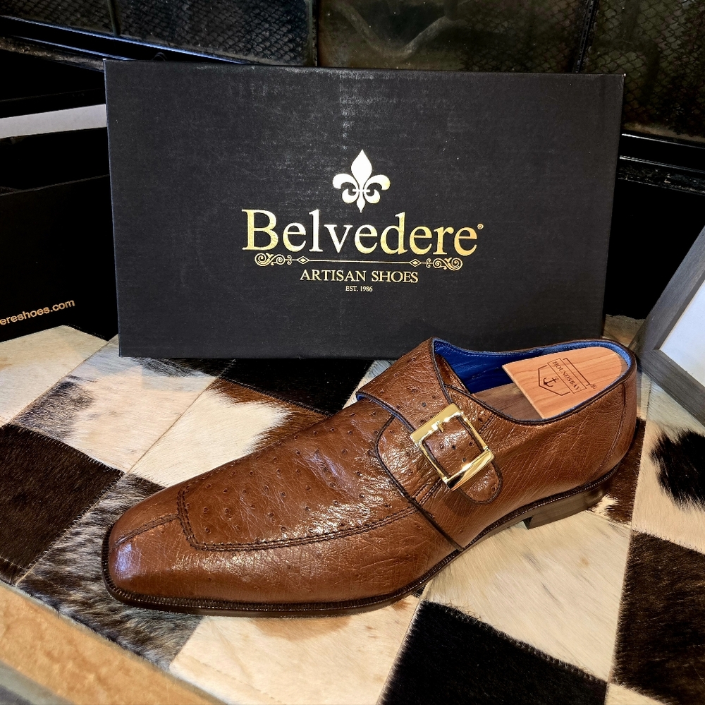 Belvedere Josh Ostrich Single Buckle Brown Dress Shoes